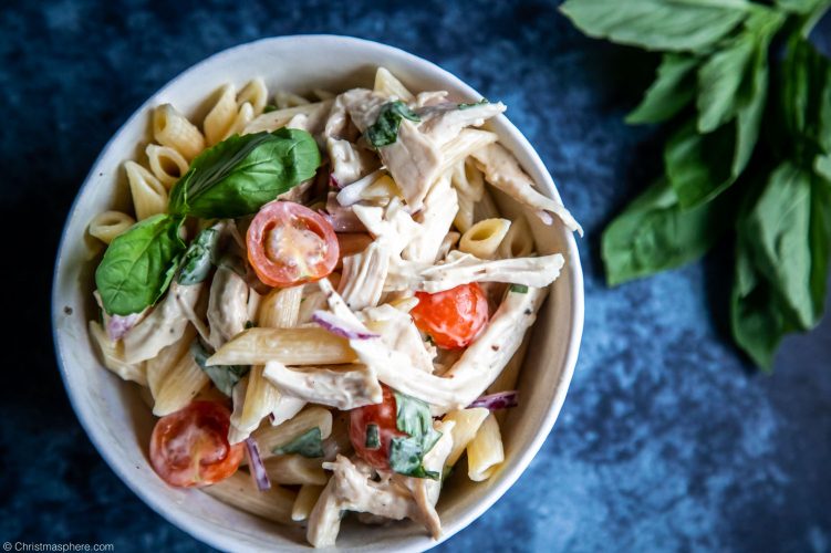 Bowl of Leftover Turkey Pasta Salad with Creamy Dressing
