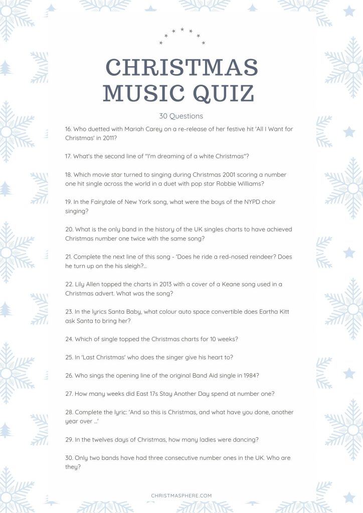 Christmas Music Quiz 30 Questions And Answers