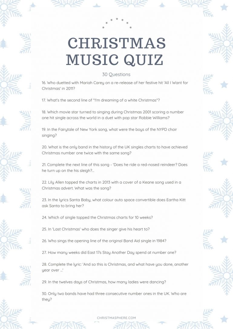 Christmas Music Quiz | 30 Questions and Answers