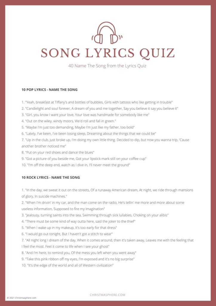 List of song lyrics quiz questions part 1