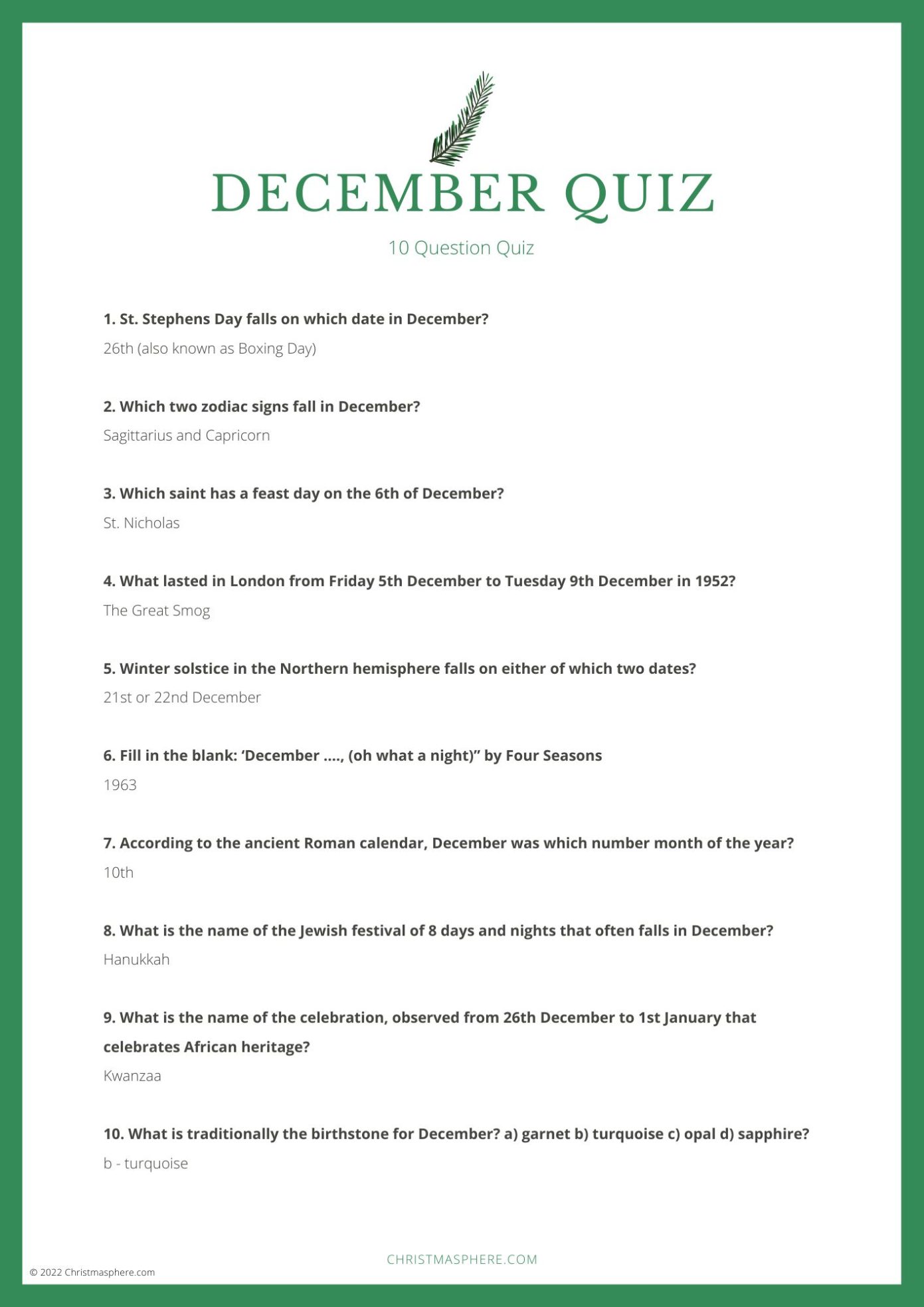 Question For December December Quiz | Fun 10 Question Quiz