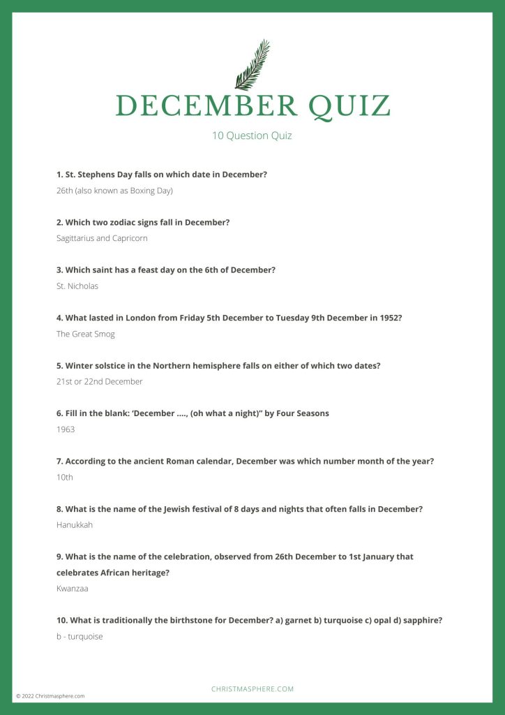 December Quiz Questions and Answers