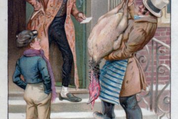 illustration of Scrooge buying a prize Christmas turkey for the Cratchits