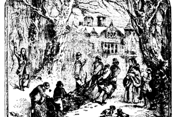 black and white illustration of men pulling a large tree log towards a house