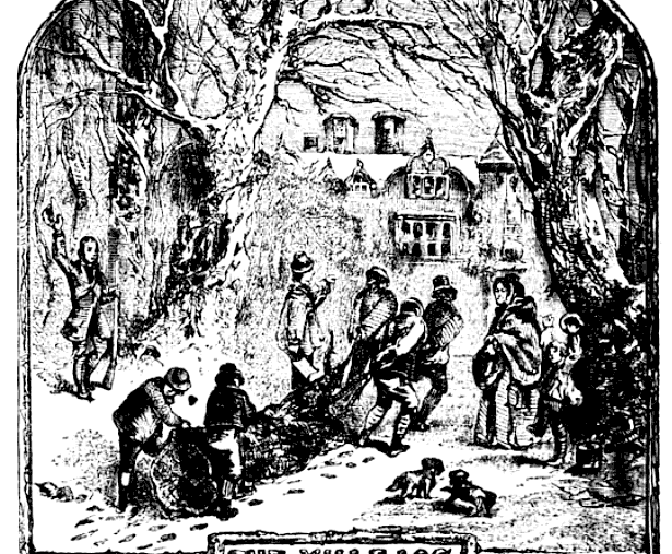 black and white illustration of men pulling a large tree log towards a house