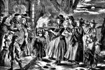 black and white illustration of Victorian era people singing Christmas carols on a doorstep